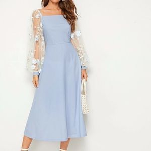 SHEIN Embroidery Mesh Lantern Sleeve Flare Dress